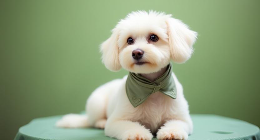 Chien blanc bien toiletté avec foulard assis sur une table de toilettage